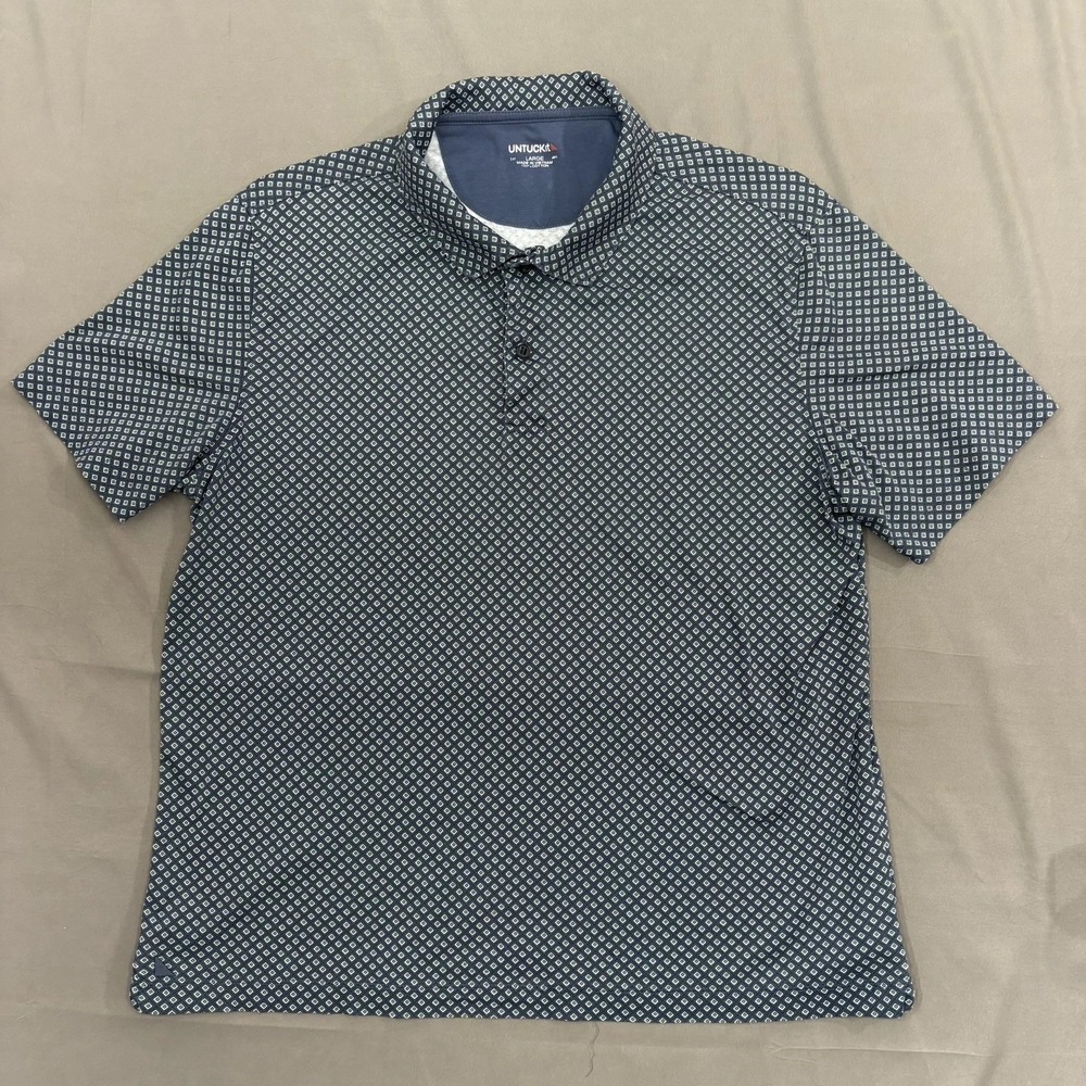 UNTUCKit Mens Polo Shirt Large Short Sleeve Collared Navy Green Diamond Pattern